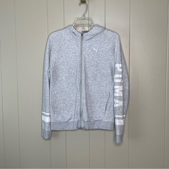Puma fleece lined zip up heather grey and white logo hoodie - Picture 1 of 13